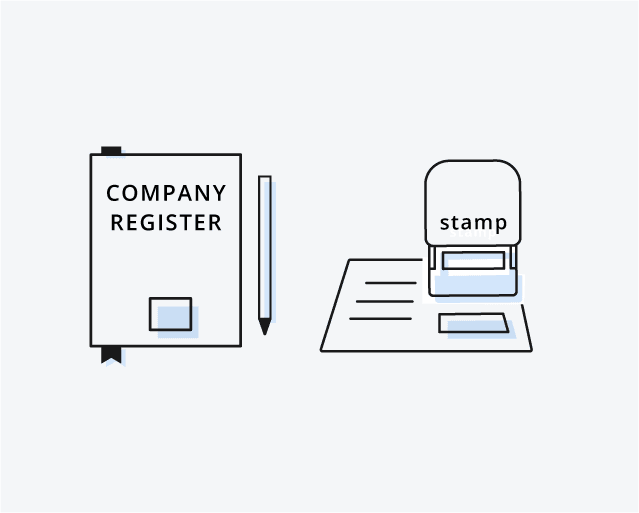 Illustration of a company stamp and register book